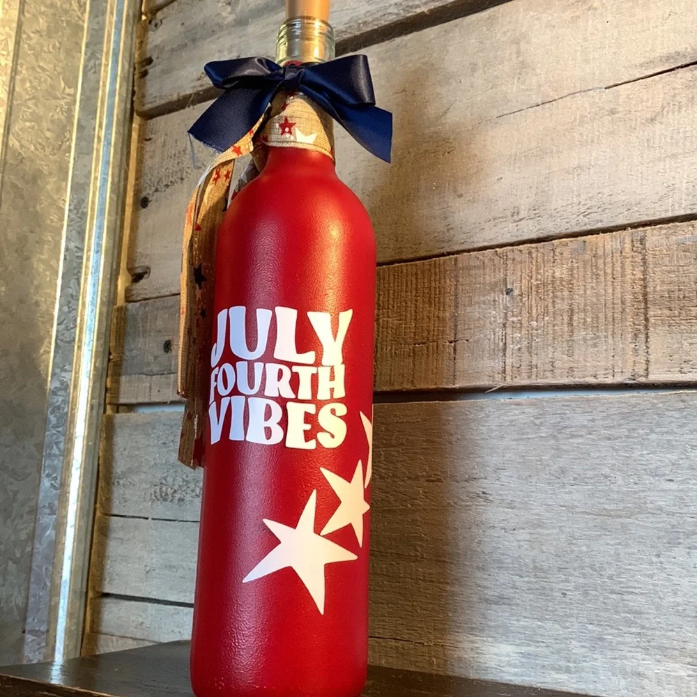 Hand Crafted- Hand Painted Red ‘July Fourth Vibes’ Win Bottle Lantern